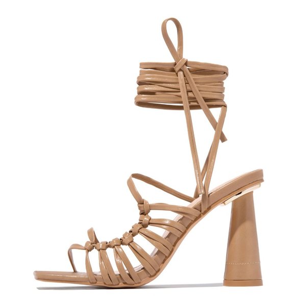 NEW🔥 Nude Open Toe Strappy Wrap Lace Up High Heel Sandals - Picture 3 of 4